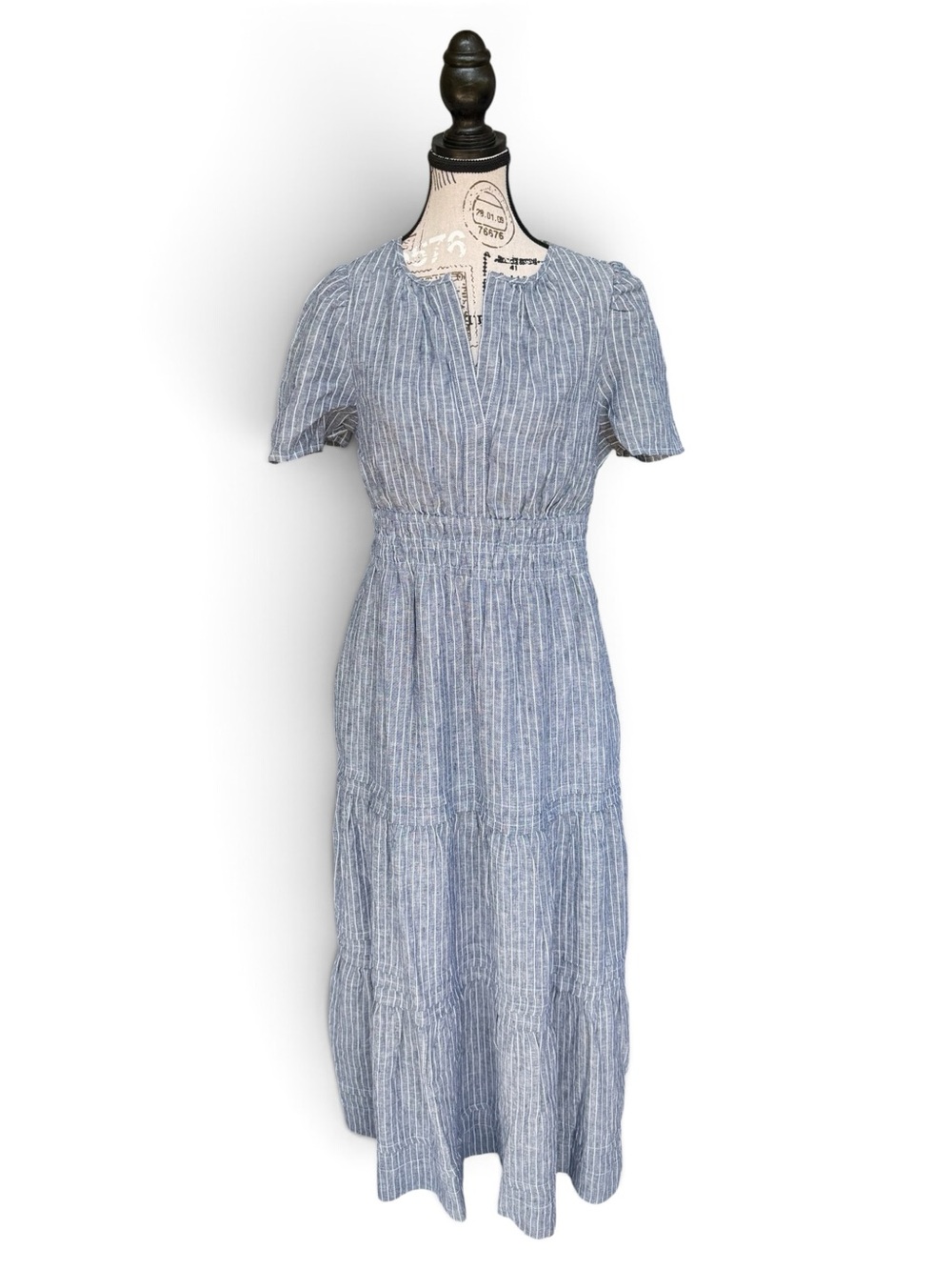 Quince 100% European Linen Tiered Maxi Dress • Chambray Stripe • Size Small